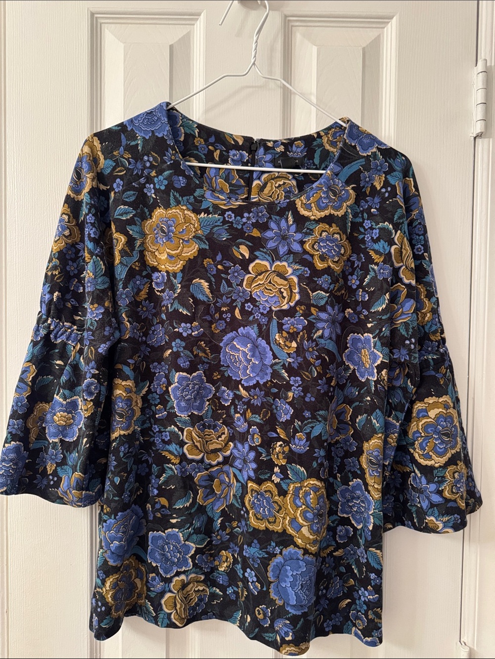 Ann Taylor Black Floral Bell-Sleeve Top with Blue and Gold Blooms